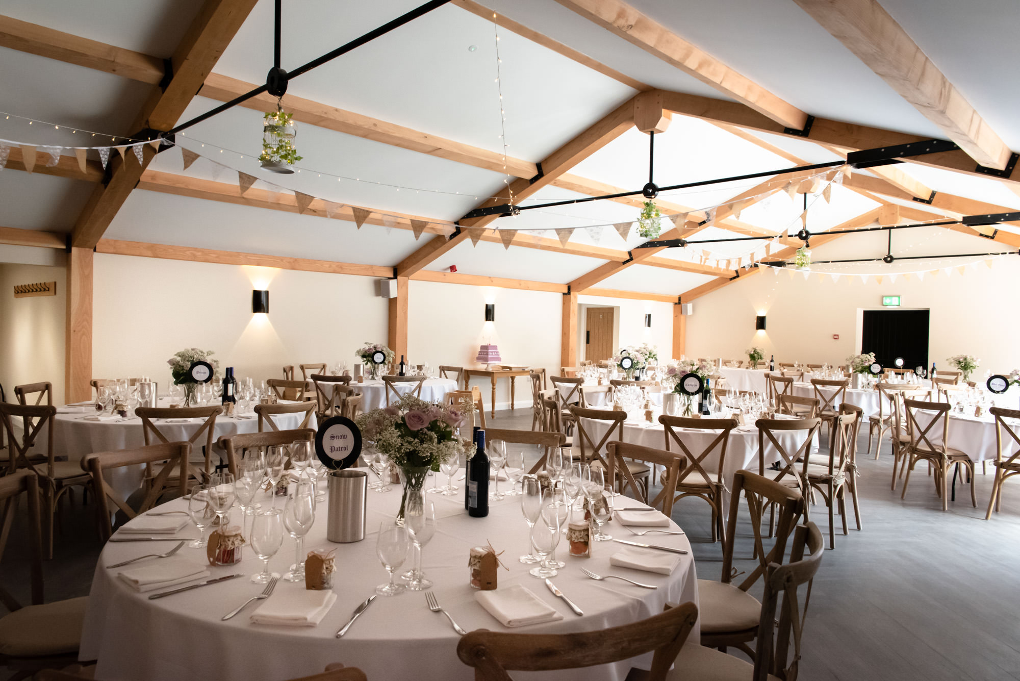 The Woodend Barn ready for the wedding breakfast at Hanbury wedding Barn