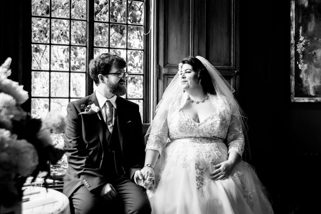 bride and groom listening to reading
