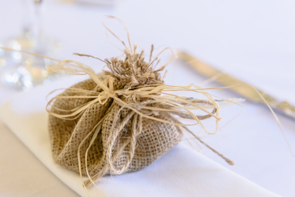 Wedding favour made with hessian fabric