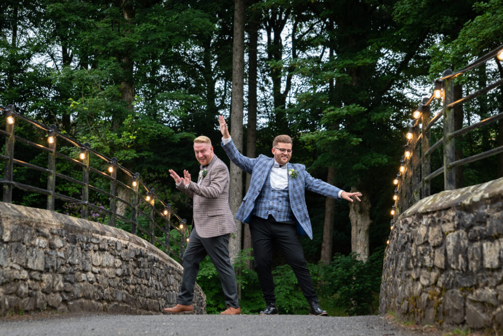 Couple practising their first dance on the bridge at Gisburn Park Estate