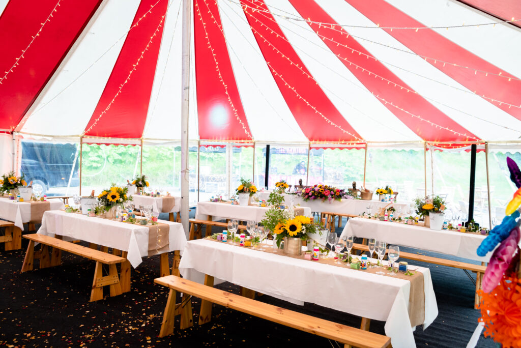 table setting in a circus ten at Gisburn Park Estate