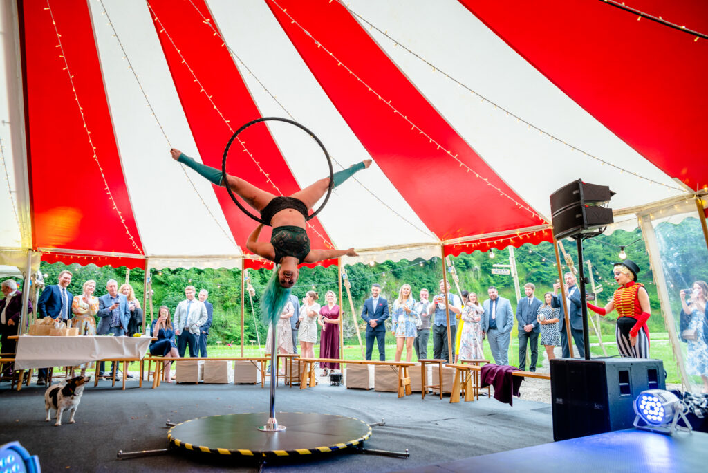 Bea Noir performing at a circus themed wedding at Gisburn Park Estate