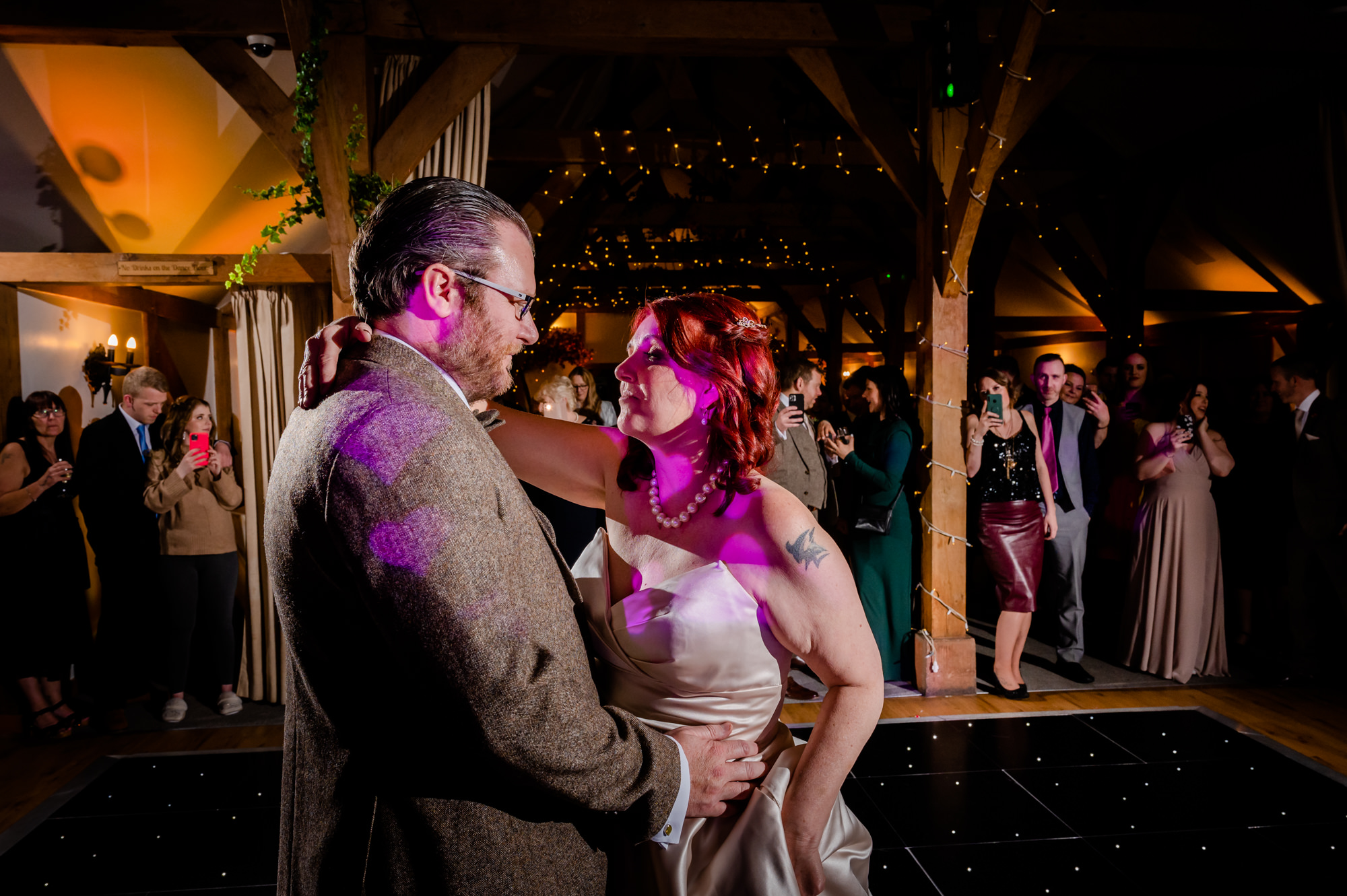 Bride and groom on the dancefloor at Sandhole Oak Barn