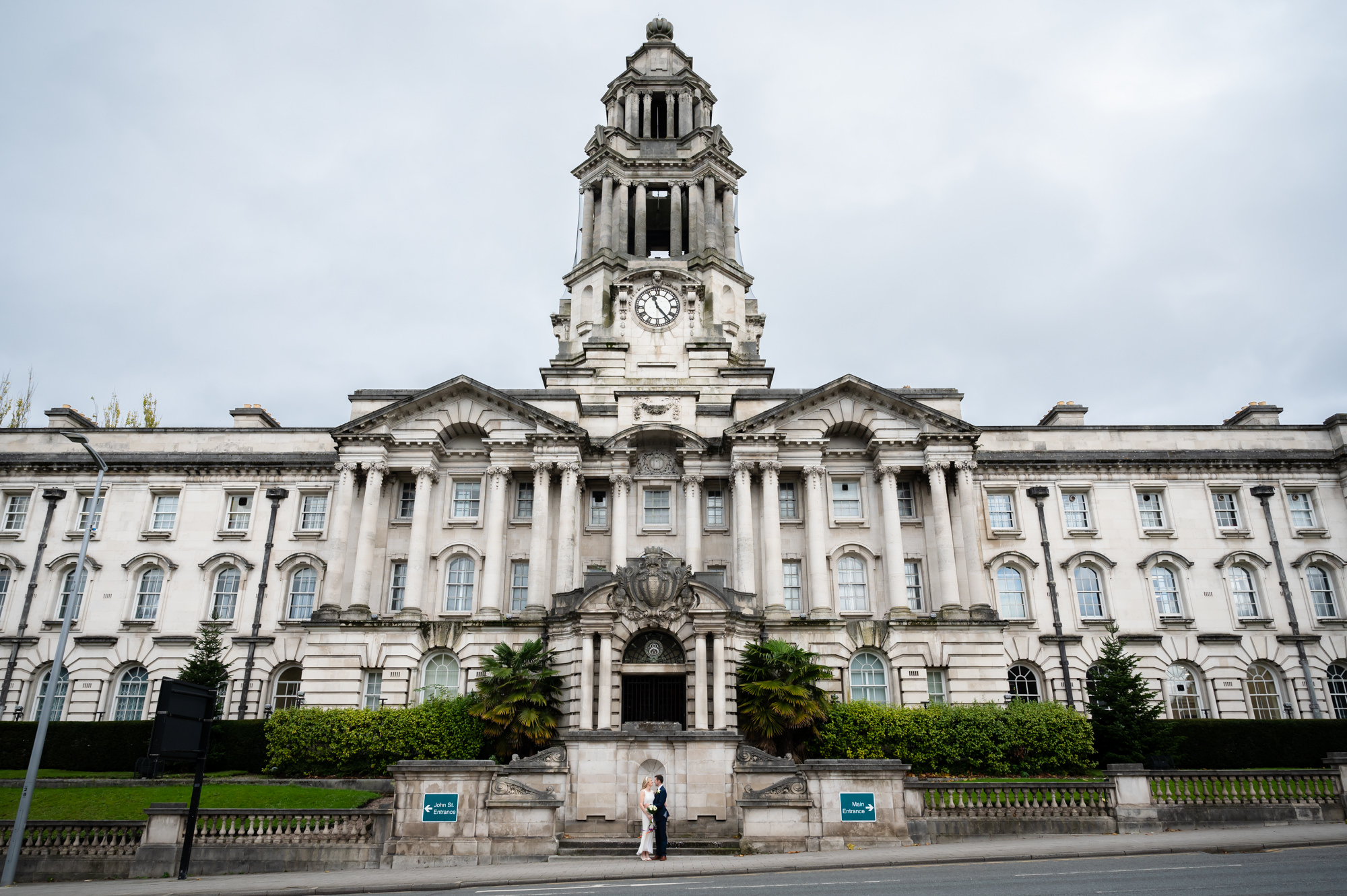 Wedding portrait in front of Stockport Town Hall