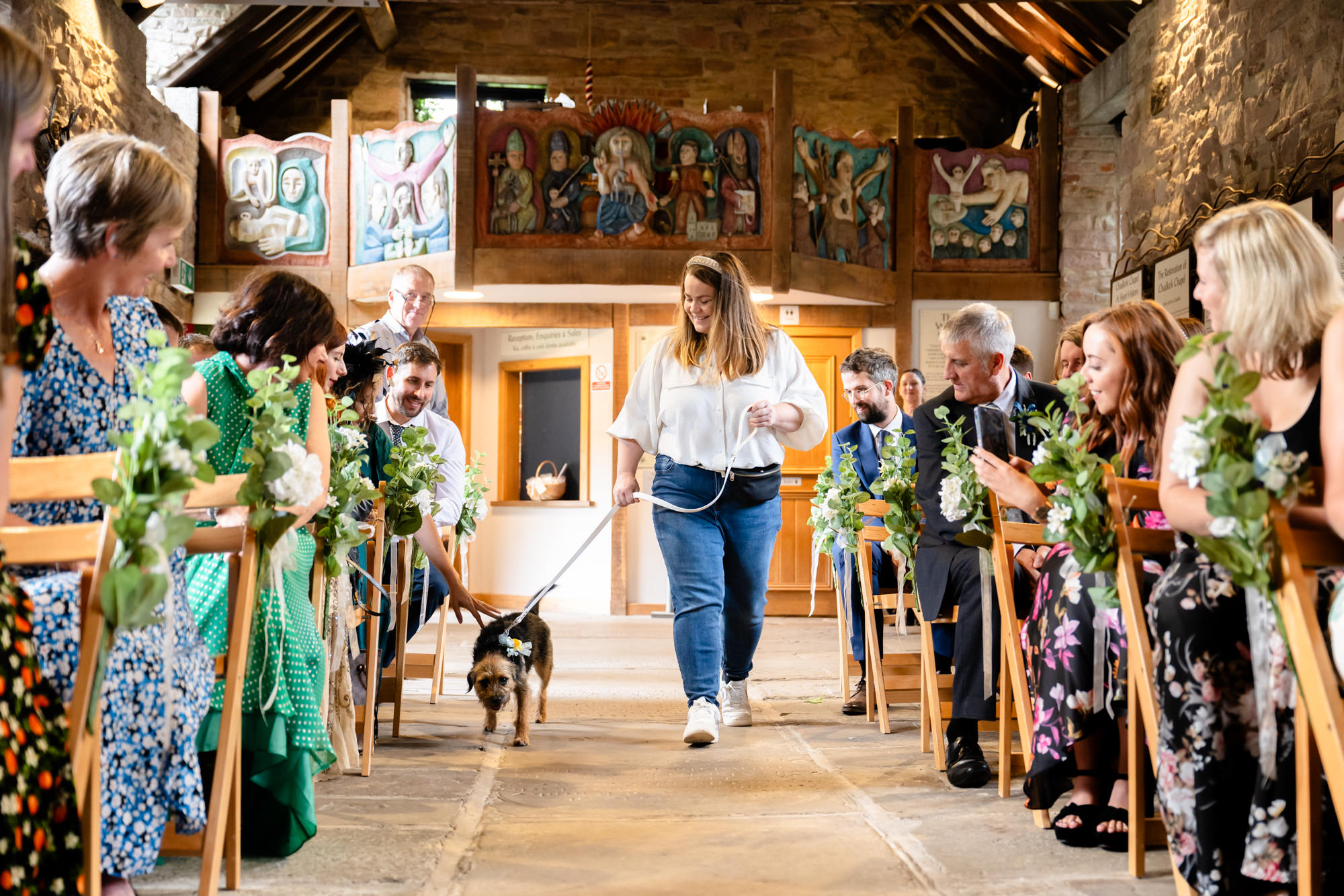 Bride and groom's dog arriving at Chadkirk Chapel