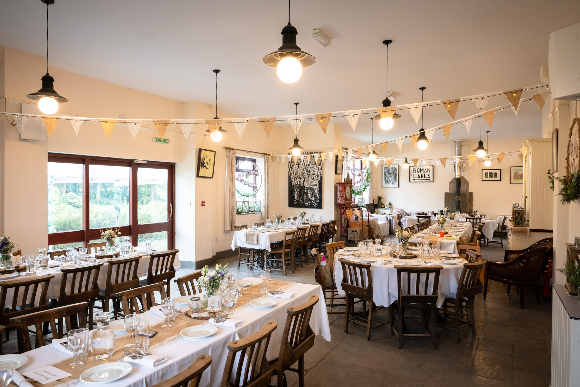 The tea room dressed up for a wedding at The Roman Lakes