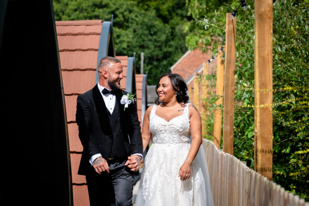 bride and groom relaxed portrait at Hanbury Barns