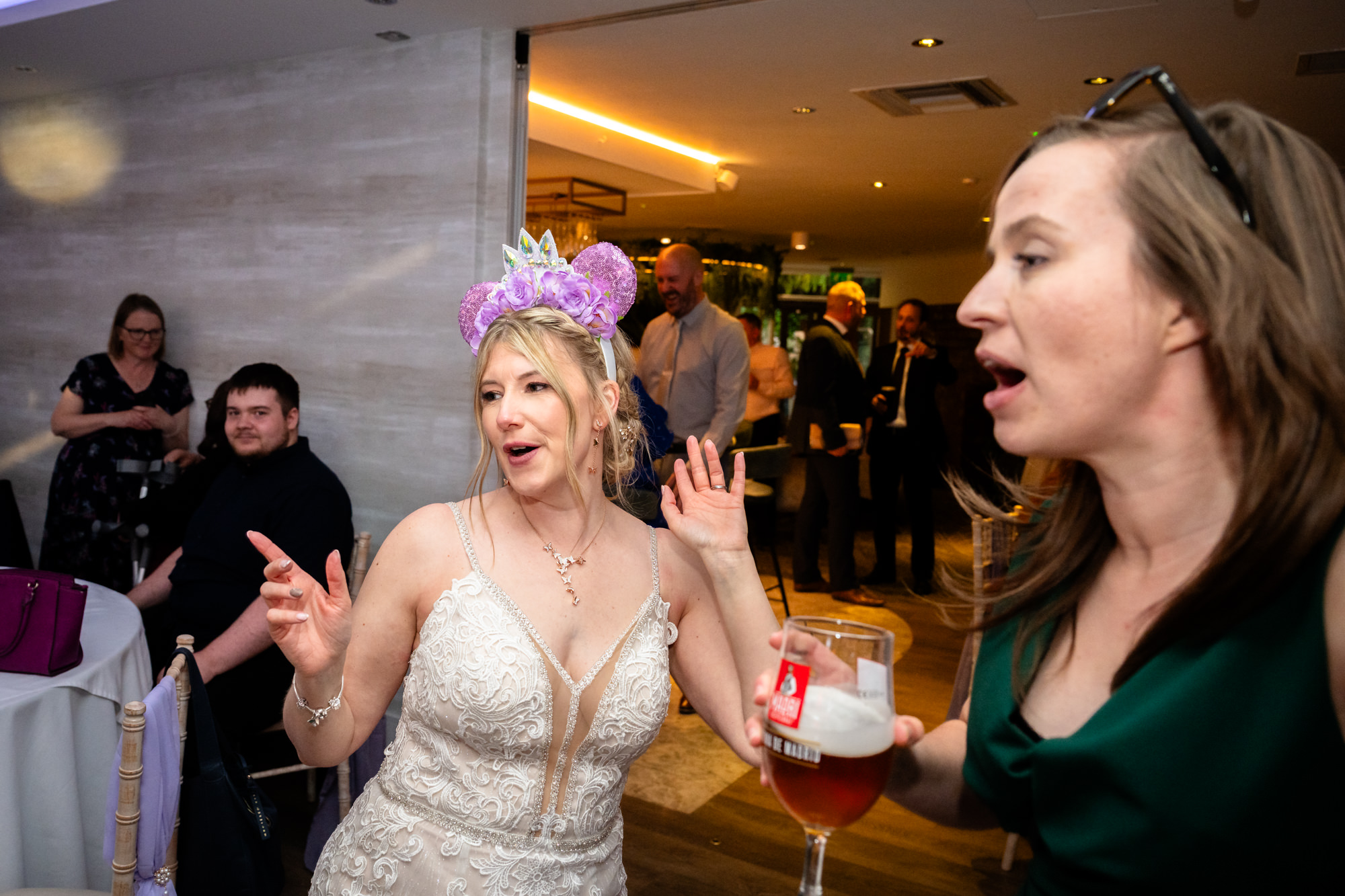 The bride wearing a tangled-themed headpiece at Moddershall Oaks.