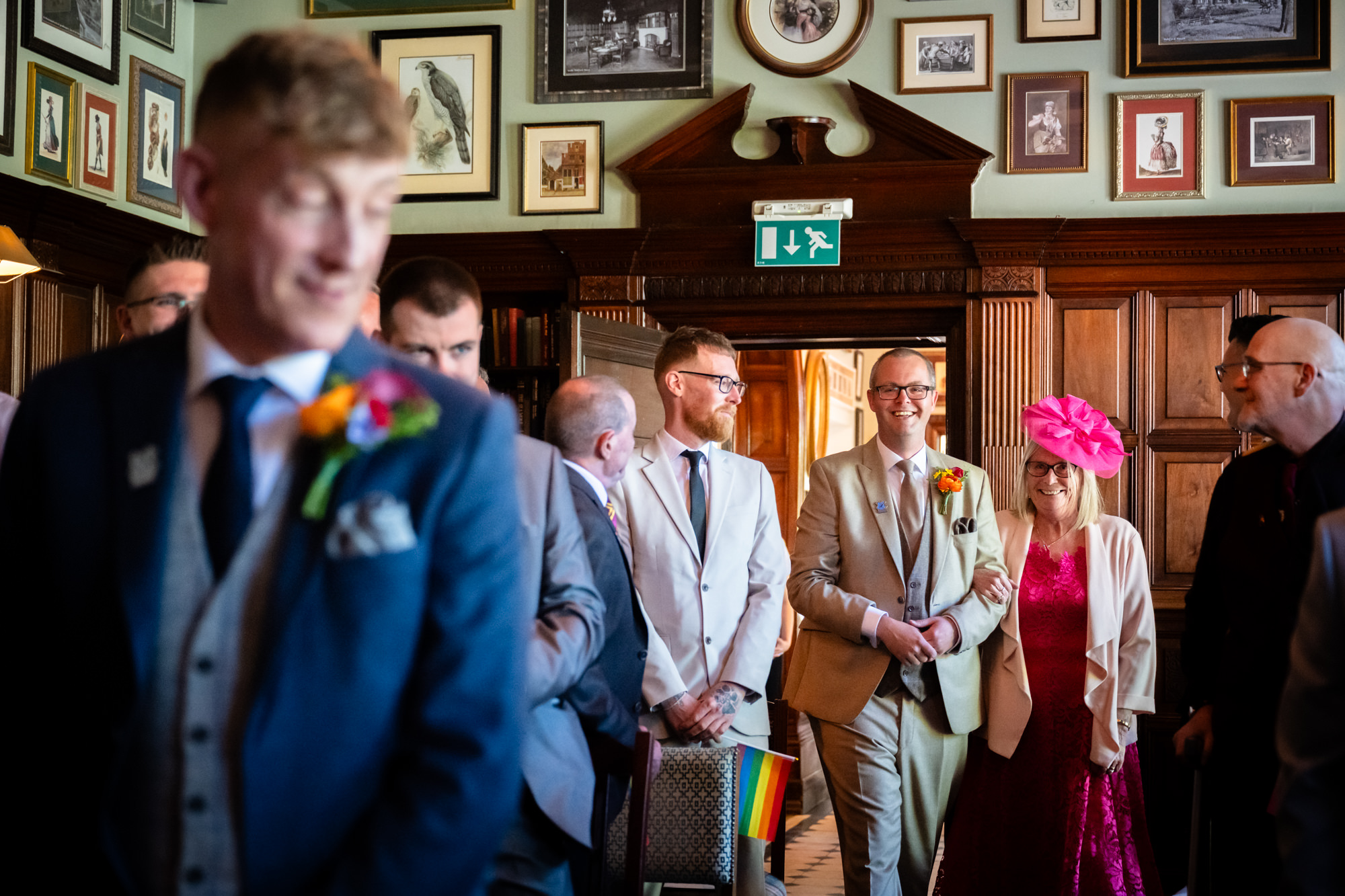 Dom walks in on his mum's arm for the ceremony at The Oakfield.
