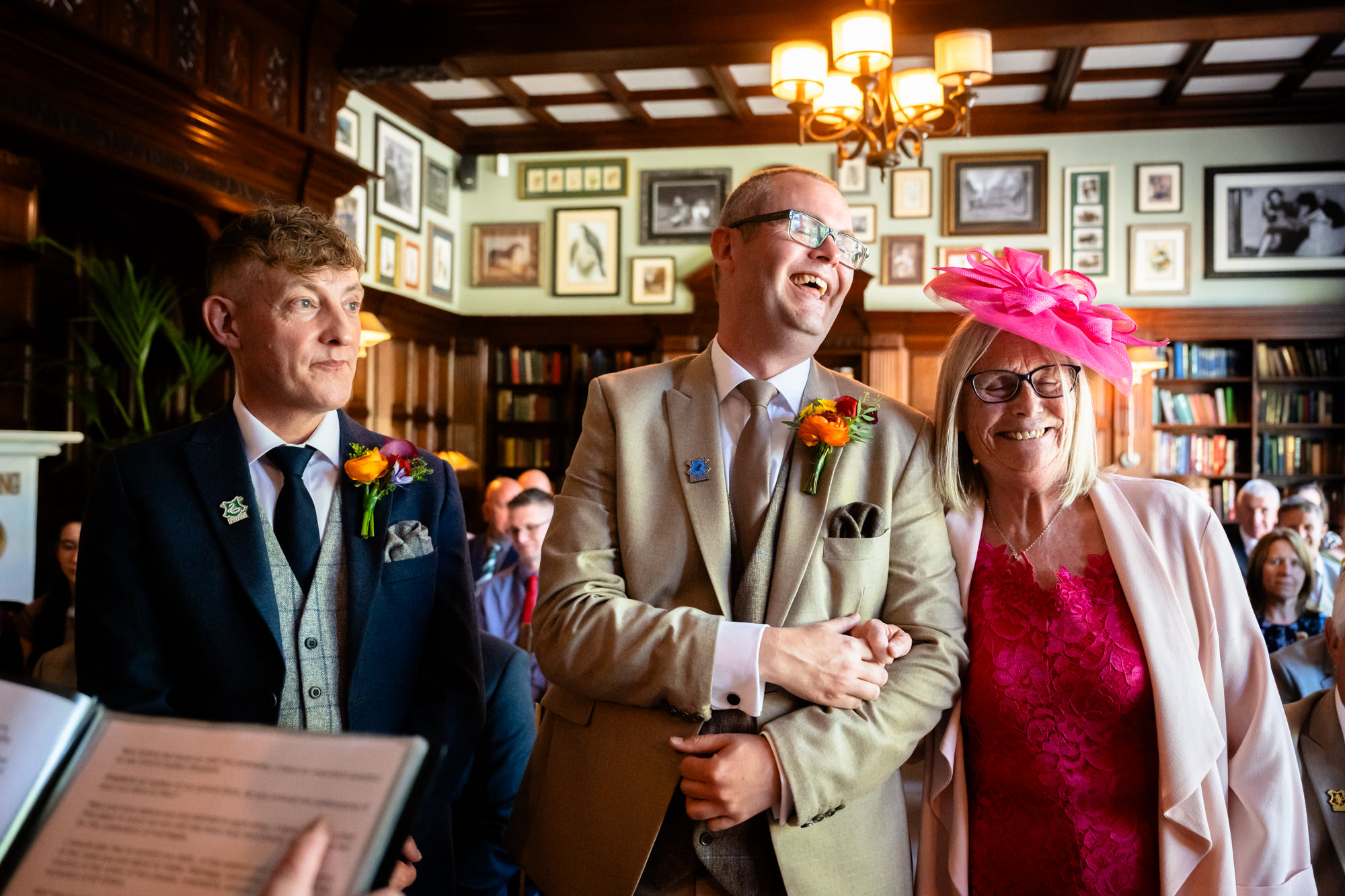 Marc, Dom and Dom's mum share a laugh during the ceremony.