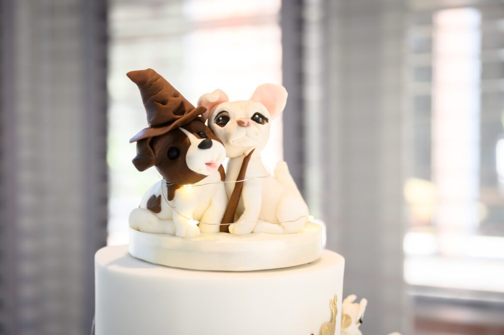 The cake topper: the couple's two dogs, one wearing a Sorting Hat.