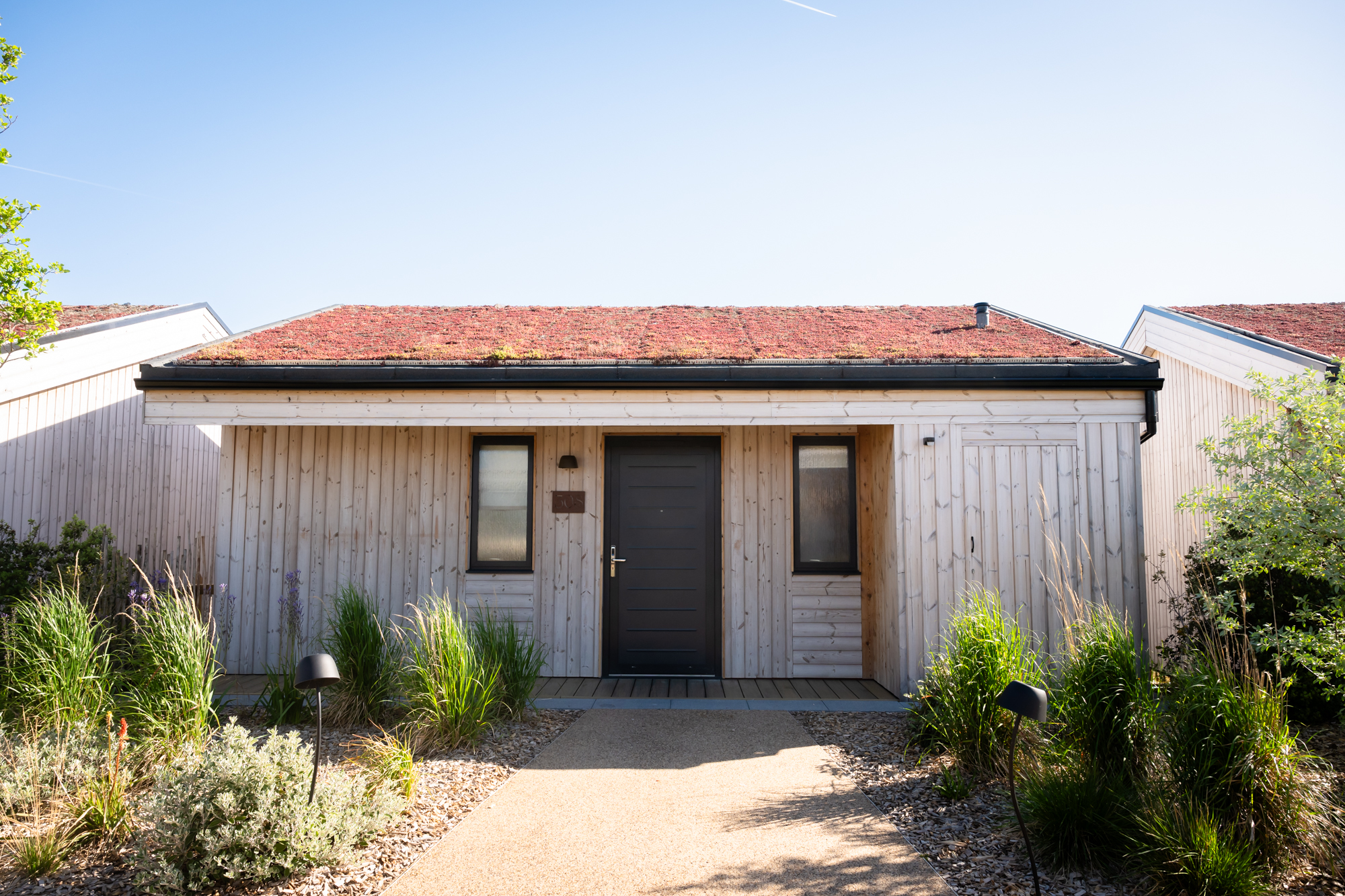 Exterior of a lodge at The Reserve Chester Zoo, with pale timber cladding, a sedum roof and ornamental planting around the entrance